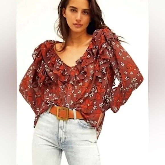 Free People Tops - Free People | Women’s cocoa/orange/white semi sheer floral Cherry Bright Blouse